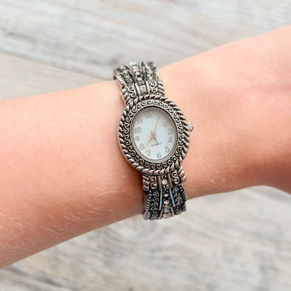 Silver Tone Rhinestone Cuff Bracelet Watch Ornate Filigree Y2K Statement Jewelry